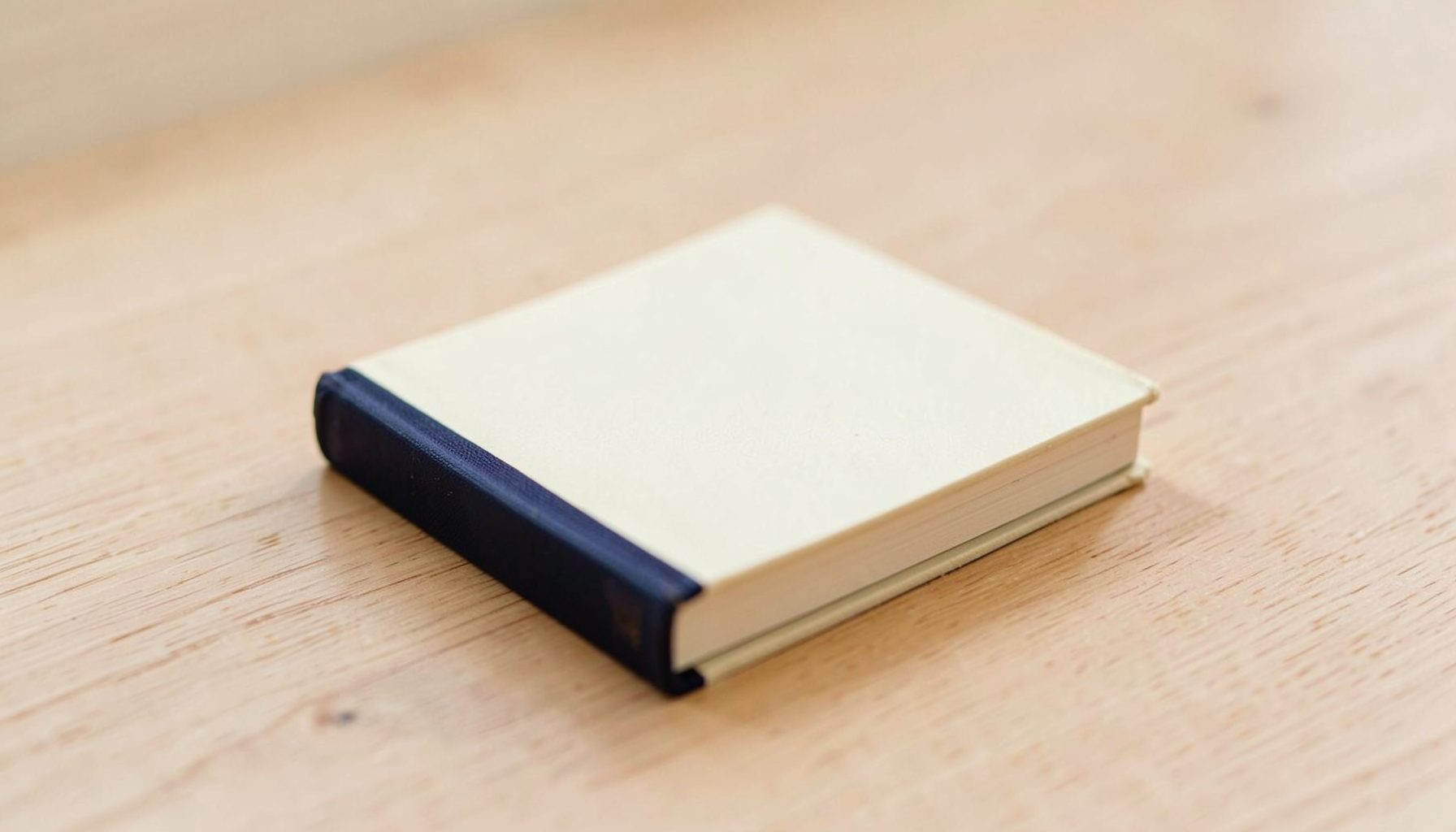 A small paperback book with a cream cover and navy spine, resting on a light wooden surface, soft morning light, quiet and scholarly atmosphere